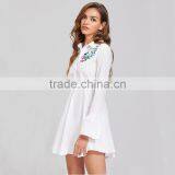 Women Flower Emboriedered Long Sleeve Clothing, White High Waist Shirt Dress thumbnail-3