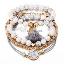 4pcs/Set Bohemian Stone Beads Chains Bracelets Set For Women Metal Heart Round Tassel Charm Bangle Fashion Jewelry thumbnail-2