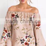 Bell Sleeve Floral Print Woman Tops and Blouses Latest Design off Shoulder Women Tops thumbnail-1