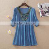 Hotsale O-neck Printed Retro Vintage Bohemian Loose Casual Chiffon Shirts Blouse Top Clothing for Women thumbnail-5