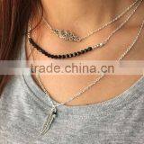 Three Layered Link Chain Simple Necklace Black Beaded Leaf Flower Pendant Necklace thumbnail-2
