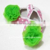 Baby Pink White Polka Dots Crib Shoes with Dark Green Rosettes