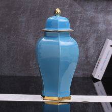 Hexagon New Chinese Style Large Blue Gild Ceramic Vase Decoration Art For Hallway TV Bench thumbnail-3