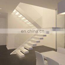 White Finish Wood Step Led Stairs With Tempered Glass Balustrade thumbnail-2