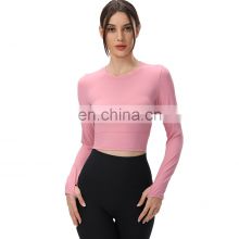 New Ribbed Nude Feeling Beauty Back Long Sleeves Solid Color T-shirt Women Gym Fitness Sportswear Clothing Top