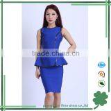 Elegant One Piece Blue Ruffle Office Bandage Dress for Ladies thumbnail-1