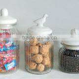 Vertical Stripe Glass Storage Canning Jar With Bird Apple Ceramic Lid thumbnail-1