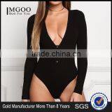 MGOO Foshan Manufacturer Custom Plunge Ribbed Bodysuits Black Cotton Spandex Blouse High Cut Buttons Up Tops thumbnail-1