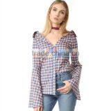 OEM Fashion Strapeless Neckline Horn Cuff Plaid Women Blouse thumbnail-6