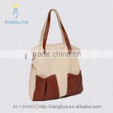 Color blocking canvas tote bag with outside pockets woman handbag with leather handle