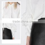 Women's White Stand Collar Roll-up Sleeve Long Blouse thumbnail-5