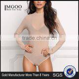 MGOO Custom Minimalist Khaki Mesh Sexy Tops For Ladies Long Sleeves Boat Neck Nylon Spandex Bodysuits thumbnail-1