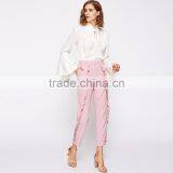 Frilled Women's Tailored Fitted Pants High Waist Pink Cropped Trousers thumbnail-3