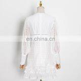 TWOTWINSTYLE Patchwork Ruffle Dress For Women V Neck Lantern Sleeve Hollow Out Elegant White Dresses thumbnail-3
