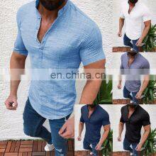 New Summer Men Fashion Cotton Linen Button-down Shirt Short Sleeve Mandarin Collar Solid Color Casual Tops thumbnail-1