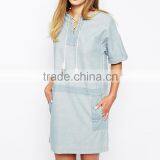 Short Sleeve Tassel Tie Neckline Denim Dress thumbnail-2