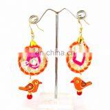 Designer Sparrow Pompom Earrings With Bells-Pom Pom Bali Style Earrings/ Fashion Pom Pom Earrings/ Handmade Wood Bead Earrings thumbnail-2