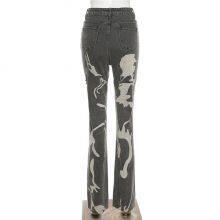 Womens Graphic Print Ripped Distressed Jeans Grey High Waist Y2K Straight Leg Denim Pants thumbnail-2