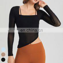 Custom Quick Dry Tshirt Breathable Mesh Square Neckline Sports Tops Women Long Sleeve Design Yoga T Shirt With Fixed Padded thumbnail-2