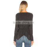 Frilled Wrap Design Chic Long Sleeve Black Peplum Blouse for Women thumbnail-3