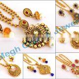 Oversize Pakistani Bridal Pendant Set - Wholesale Antique Gold Plated Pendant Necklace Set-South Indian Kundan Pendant Set 2015 thumbnail-1