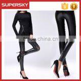B427 Popular High Waist Pants Hole Knee Lace Rivet pu Imitation Leather Leggings Wholesale thumbnail-1