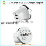 Wholesales 2.1A UK Socket Dual USB Adapter With Blue LED light Wall Charger