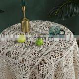 White Blend Fabric Handmade Crochet Hollow Square Table Cover Tablecloth With Tassel thumbnail-4