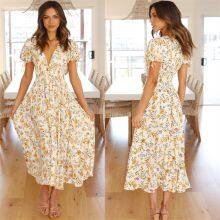 Womens Casual Summer Floral Print Shirred Waist Wrap Flowy Long Dress thumbnail-3