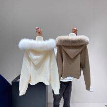 New Sweet Cream Real Fur Big Fox Fur Collar Thick Knitted Sweater for Autumn and Winter, Young Fur Coat Cardigan thumbnail-2