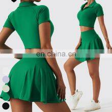Wholesale Quick Dry Sports Clothing Tennis Dress Short T Shirt 2 Piece Suit Fitness Golf Wear Yoga Sets Women Tennis Skirt Set thumbnail-4