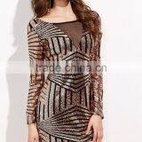 Fashion Luxury Mini Dress Contrast Mesh Long Sleeve Bodycon Dress Open Back Gold Beaded Sequins Club Dresses thumbnail-4