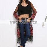Women Long Sleeve Fashion Beachwear See Through Chiffon Long Fringe Mesh Kimono With Floral Print thumbnail-3