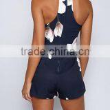 2017 Summer Women's Dark Blue Flowers Printed Hanging Neck Lotus Leaf Side Bra Straps Pants thumbnail-3