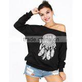 Bulk Wholesale Black Asymmetrical Shoulder Screen Printing Sweatshirt for Ladies thumbnail-1