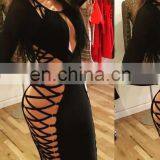 Amigo 2017 New Design Black Long Sleeve Cut Out Bingding Revealing Bandage Dress Midi Prom Dresses for Hot Body Ladies thumbnail-3