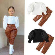 Autumn winter Baby Girls Sets Girls Puff Sleeve Shirt Pu Pants 2pcs Outfit Matching Clothes Children Kids Clothing Set