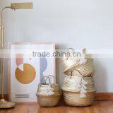 Blush Tassel Golden Metalic Seagrass Belly Basket/folding Seagrass Basket, Set of 3 Sizes