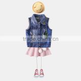 S60591B 2017 Girls Vest Turn Collar Children Clothes Bird Embroidery Waistcoats Sleeveless Kids Jeans Jackets