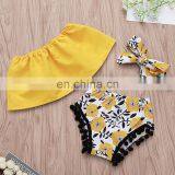 2019 New Summer Kids Cotton Yellow Top & Flower Tassel Shorts & Headband 3pc Set 0-2years thumbnail-2