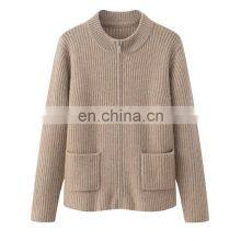 Luxury Women's Zip-Up Fashion Rib Knit Thick Pure Cashmere Sweater Stand Collar Solid Pattern Casual Pockets Winter Collection thumbnail-1