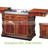 Luxury kitchen wooden flambe trolley cooking cart with 2 gas for hotel & restaurant