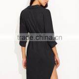 Black Self Tie High Low Curved Hem Shirt Dress Long Sleeve Casual Split Hem Belted Suede Shirt Dress thumbnail-5
