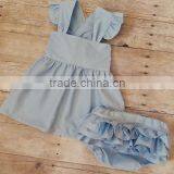Fashion Summer Children Girls Ruffle Short Set Plain White Top Stripe Shorts Kids Boutique Clothing Outfits thumbnail-4
