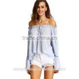 Tops For Women Sheer Summer Sexy Shirts Plain Light Blue Long Flare off shoulder women blouse B006