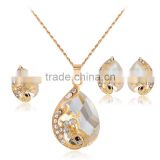 New Trendy Red Bule Peacock Rhinestone Gold Plated Ring Pendant Necklace Drop Earring Ring Set for Women Wedding Jewelry Set