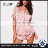 Custom Logo Pink Satin Short Pajama Set With Back Embroideried Button Top With Drawstrings Shorts thumbnail-1