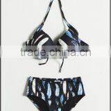 Women's Colorful Feather Print Nylon Spandex Halter Bikini.