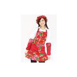 Vintage Red Floral Cotton Kitchen Apron Hat And Oversleeve Sets