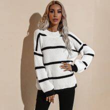Autumn and Winter New Round Neck Loose Striped Pullover Knitted Sweater thumbnail-3